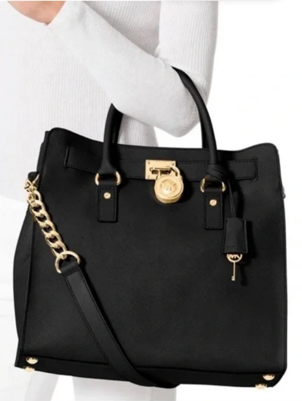 Michael Kors Hamilton Black Leather Top-Handle Satchel with Gold Hardware Bag